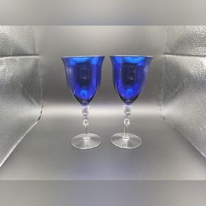 Set of 2 Vintage Cobalt Blue Wine Glasses with Lead Crystal Stem